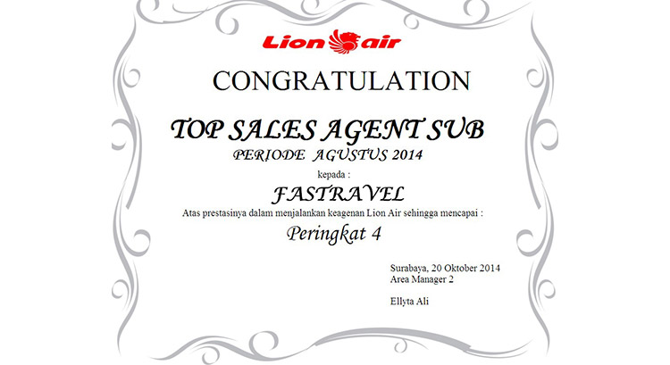 Penghargaan Lion Air kepada FASTRAVEL sebagai TOP SALES AGENT SUB