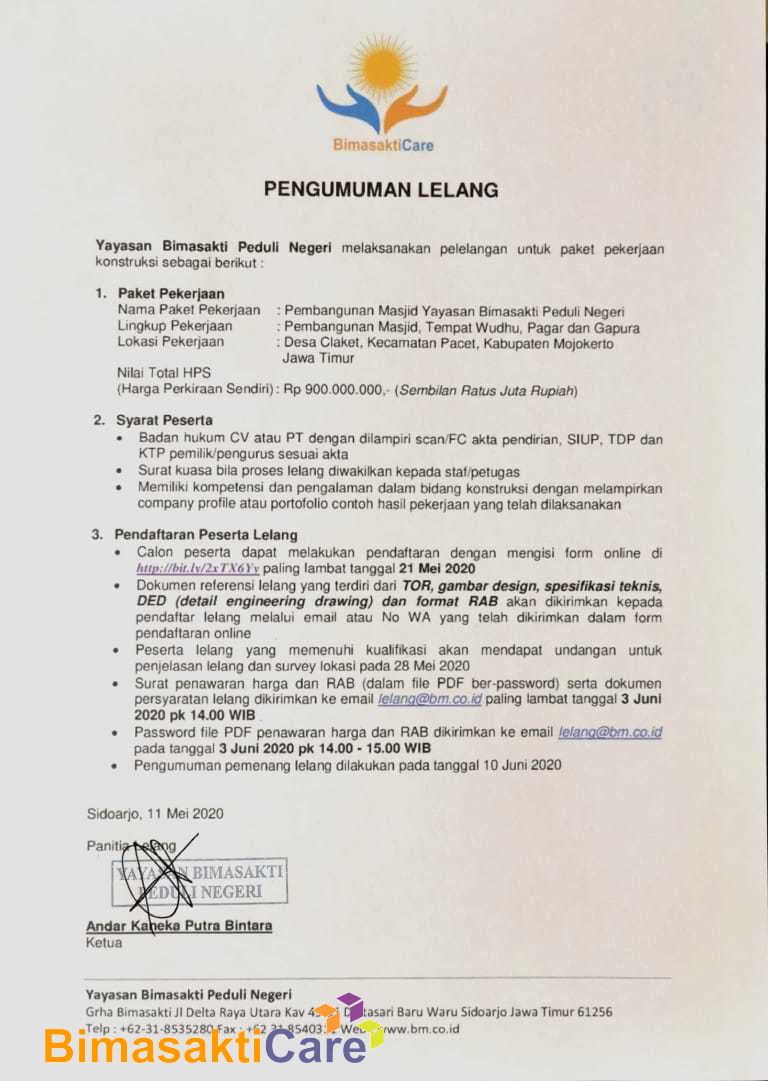 Pengumuman Lelang Pembangunan Masjid Yayasan Bimasakti Peduli Negeri